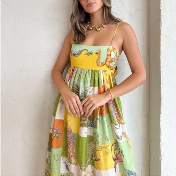 NWOT Alemais Jerome Patchwork Linen Midi Dress US Size 6 - Picture 5 of 9